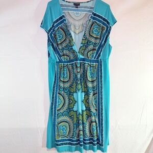 En Focus Women Plus 16W Turquoise Paisley Mandala V-Neck Empire Waist‎ Dress